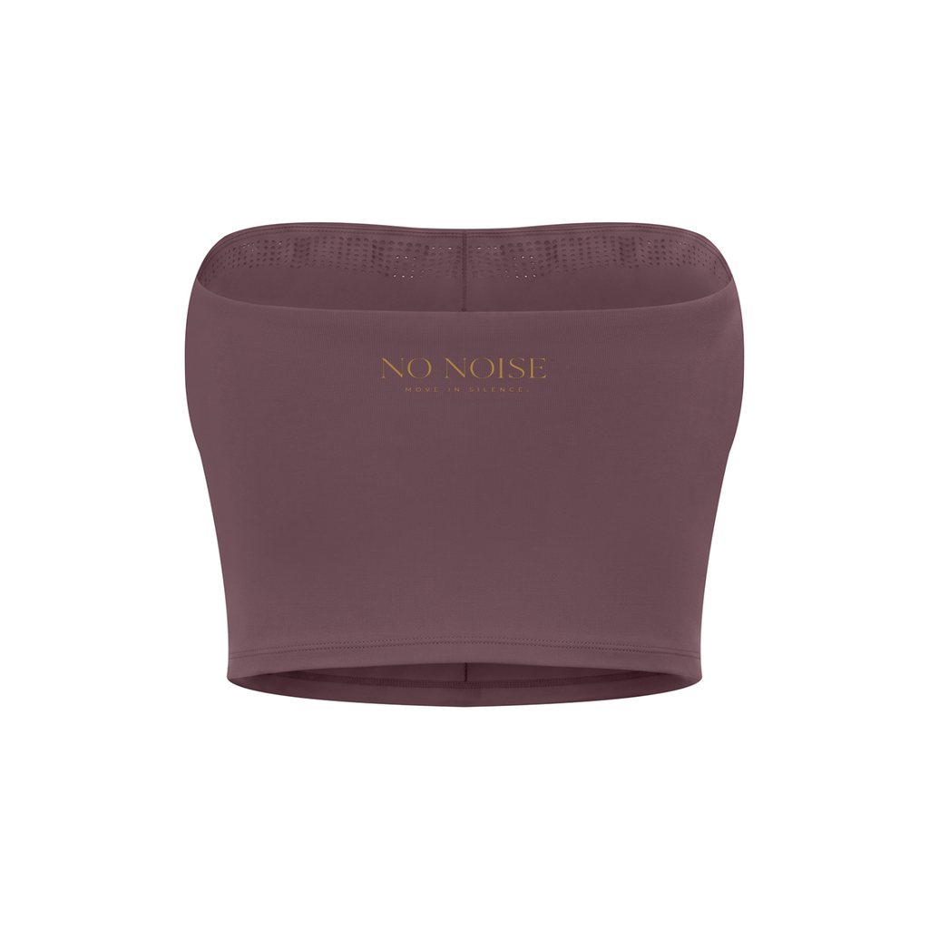 NO NOISE Studio Tube Top™ — Plum, back shaped product view showing gold lettering.