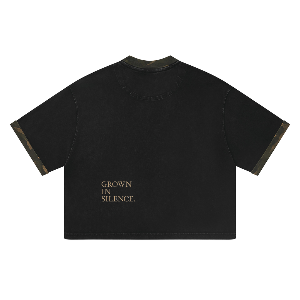NO NOISE™ Mineral Wash Boxy Panel Tee — Khaki Camo