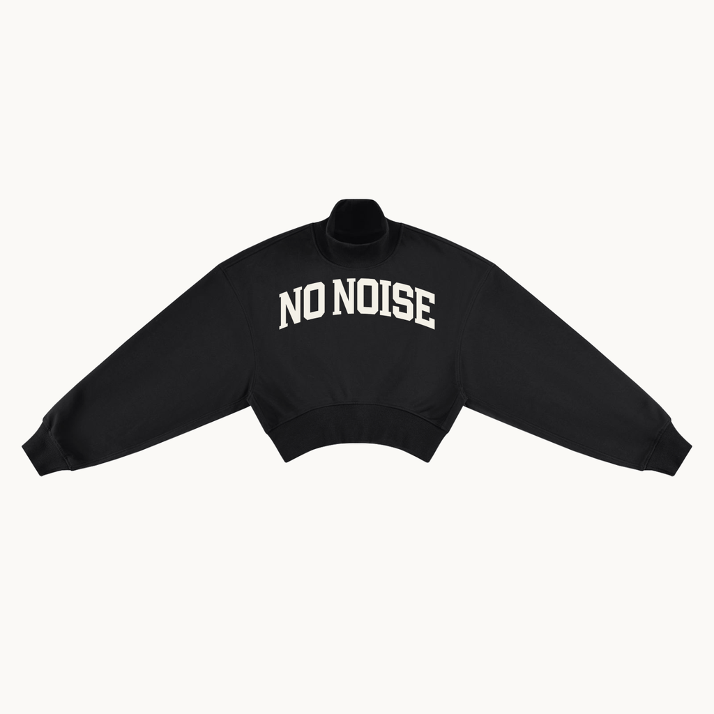 HER Collegiate cropped mock-neck sweatshirt in black, front view with arched NO NOISE lettering