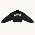 HER Collegiate cropped mock-neck sweatshirt in black, front view with arched NO NOISE lettering