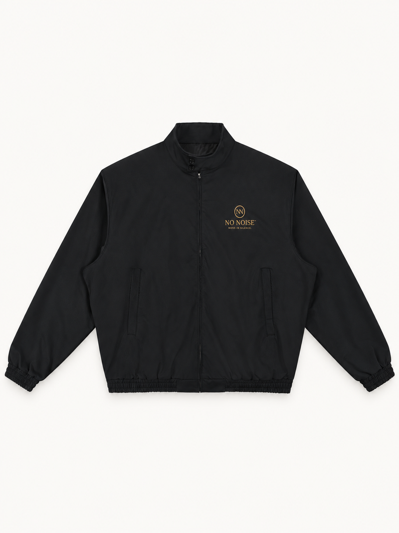NO NOISE Silent Bomber — Black, front view showing bomber collar, full zipper and small chest artwork.