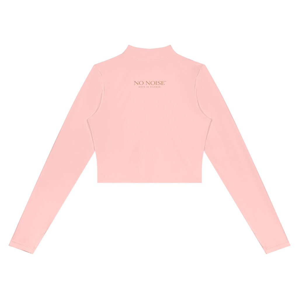 NO NOISE Form Cropped Jacket — Petal, pink, back view showing cropped hem and small gold lettering.