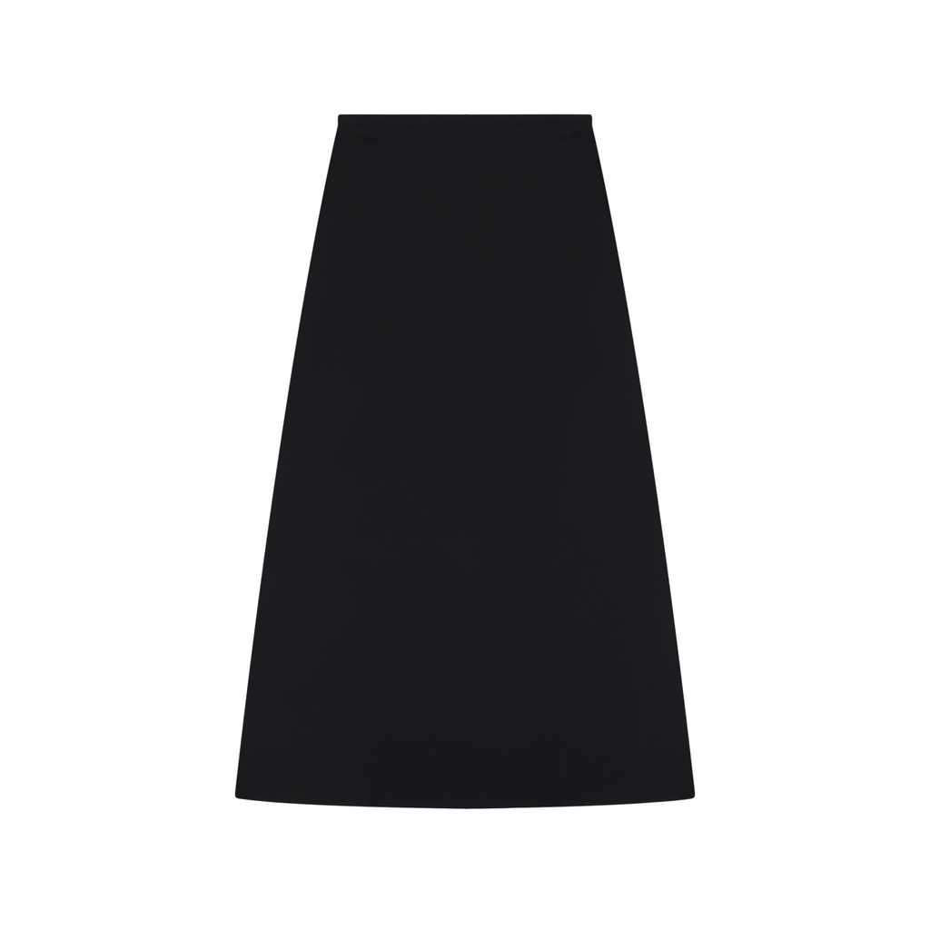 NO NOISE Knit Maxi Skirt — Onyx, black, back flat view showing long flared silhouette.