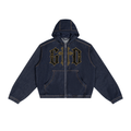 GOD Reverence dark blue denim hooded jacket, front view with full zip and black-and-gold chest graphic