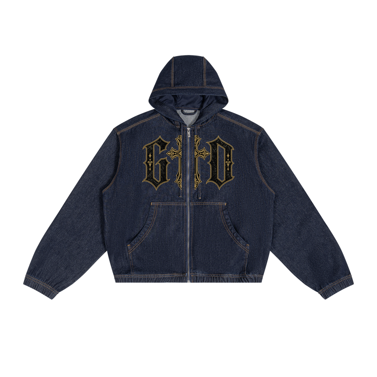GOD Reverence dark blue denim hooded jacket, front view with full zip and black-and-gold chest graphic