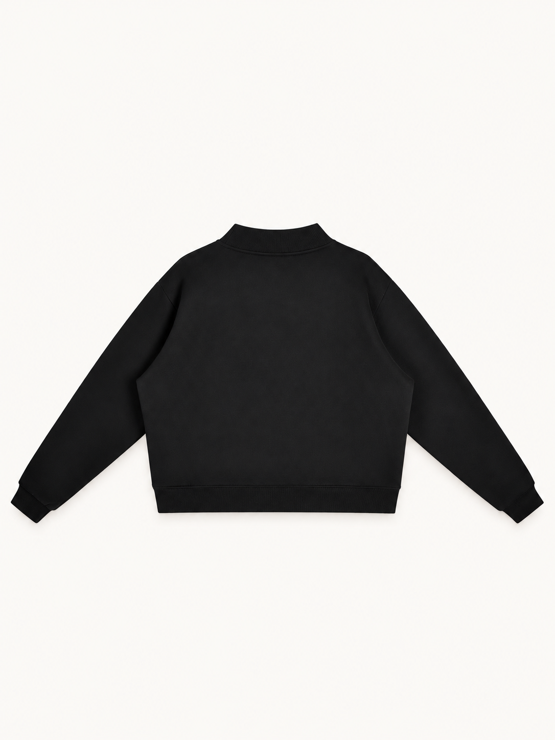 NO NOISE Essential Mock-Neck Sweatshirt — Onyx, back view showing plain Onyx fabric, dropped shoulders and ribbed hem.