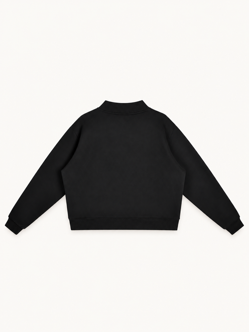 NO NOISE Essential Mock-Neck Sweatshirt — Onyx, back view showing plain Onyx fabric, dropped shoulders and ribbed hem.