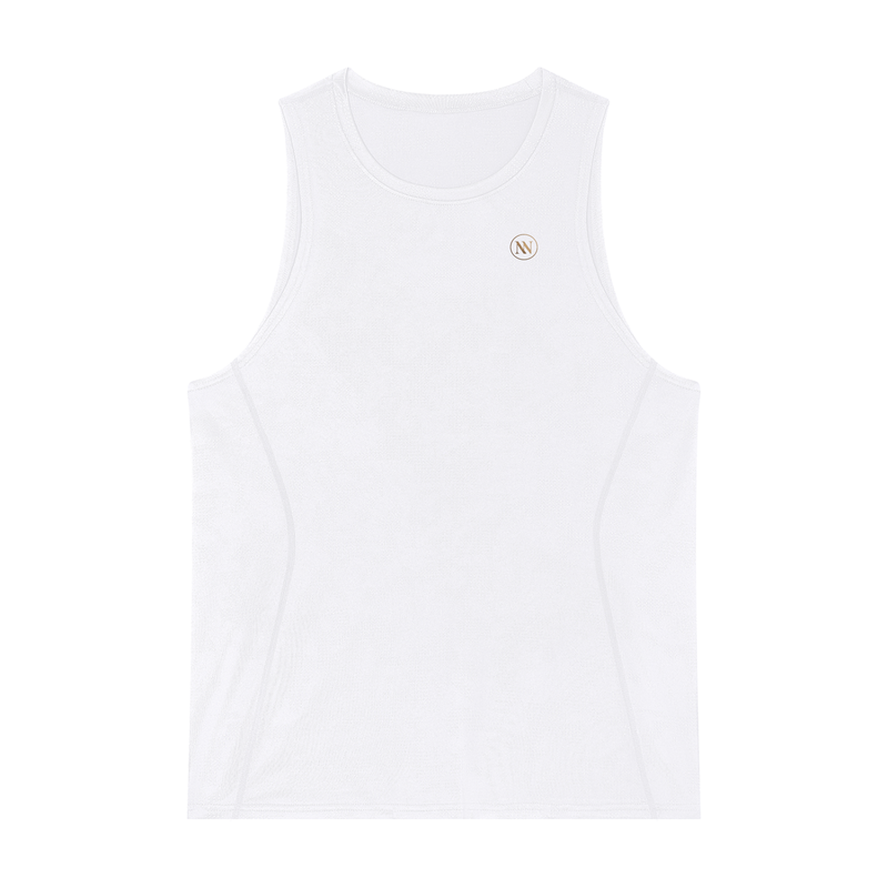 NO NOISE Motion Jacquard Tank, white, front view showing small chest emblem.
