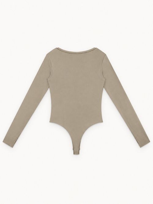 NO NOISE™ Foundation Bodysuit — Stone in stone — ribbed stretch cotton-blend, fitted fit — back view