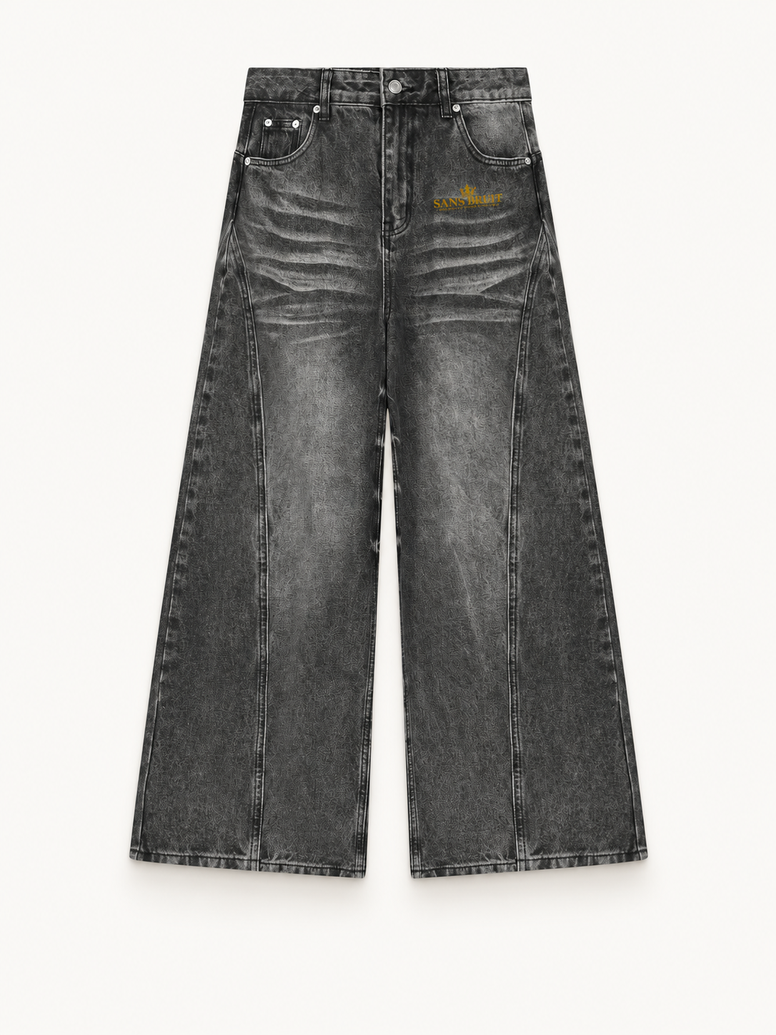 NO NOISE Sans Bruit Wide-Leg Jeans — Washed Black, front view showing washed fading, curved seams and gold SANS BRUIT artwork.