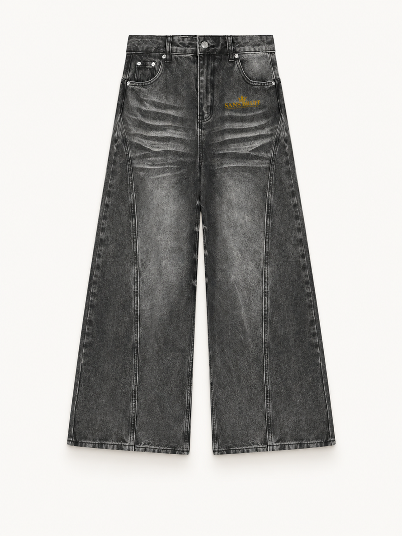 NO NOISE Sans Bruit Wide-Leg Jeans — Washed Black, front view showing washed fading, curved seams and gold SANS BRUIT artwork.