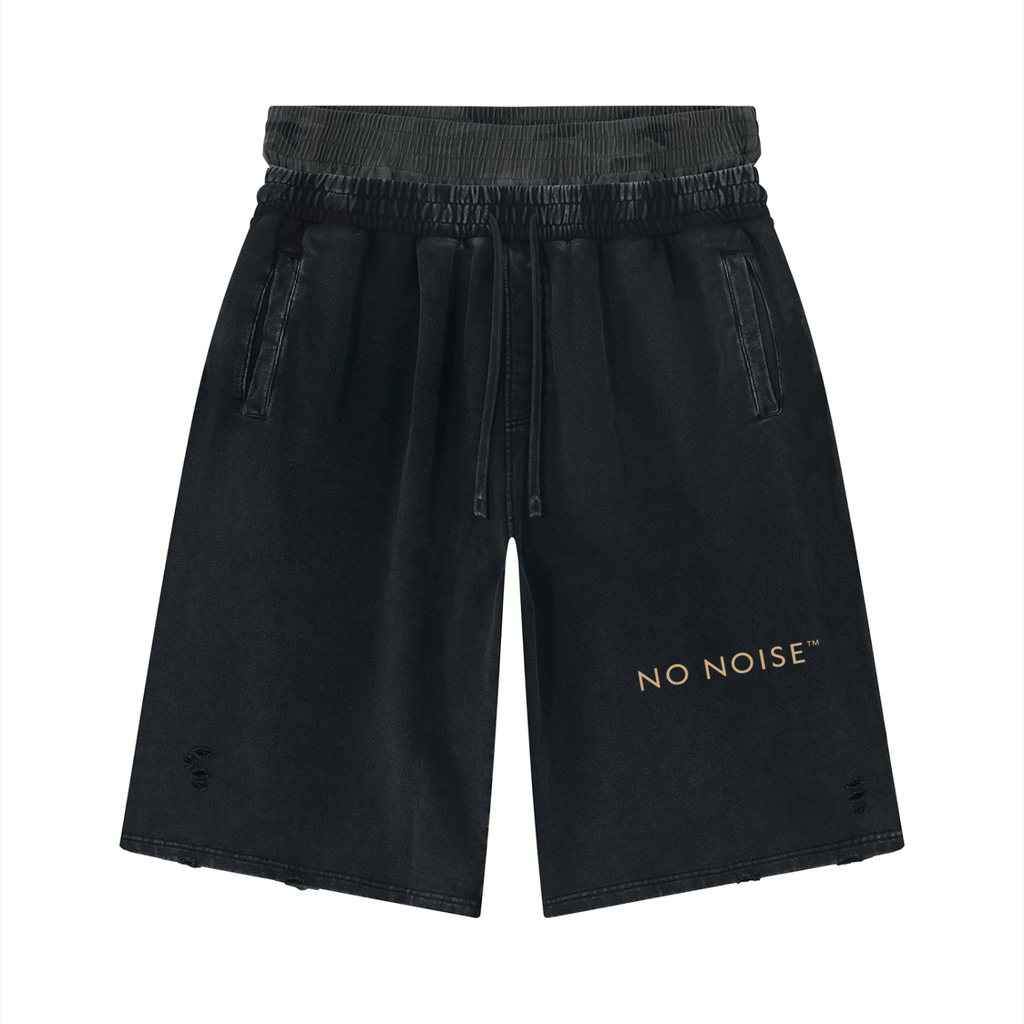 NO NOISE™ Vintage Wash Distressed Wide Leg Shorts — Gray Camo