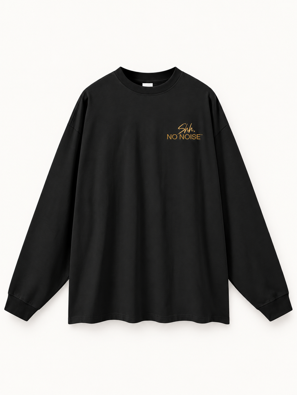 Quiet Signal long-sleeve T-shirt in Black, front view, showing the round neckline, drop shoulders and gold-tone Shh. / NO NOISE chest lettering.