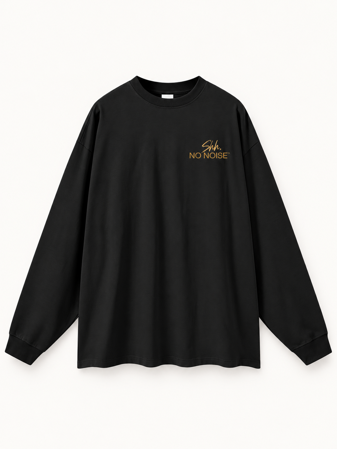 Quiet Signal long-sleeve T-shirt in Black, front view, showing the round neckline, drop shoulders and gold-tone Shh. / NO NOISE chest lettering.