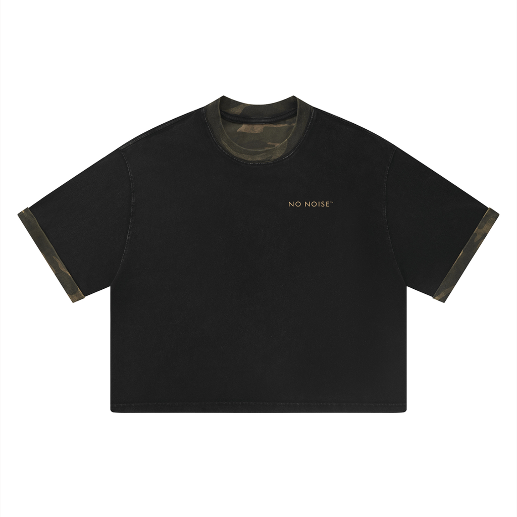 NO NOISE™ Mineral Wash Boxy Panel Tee — Khaki Camo