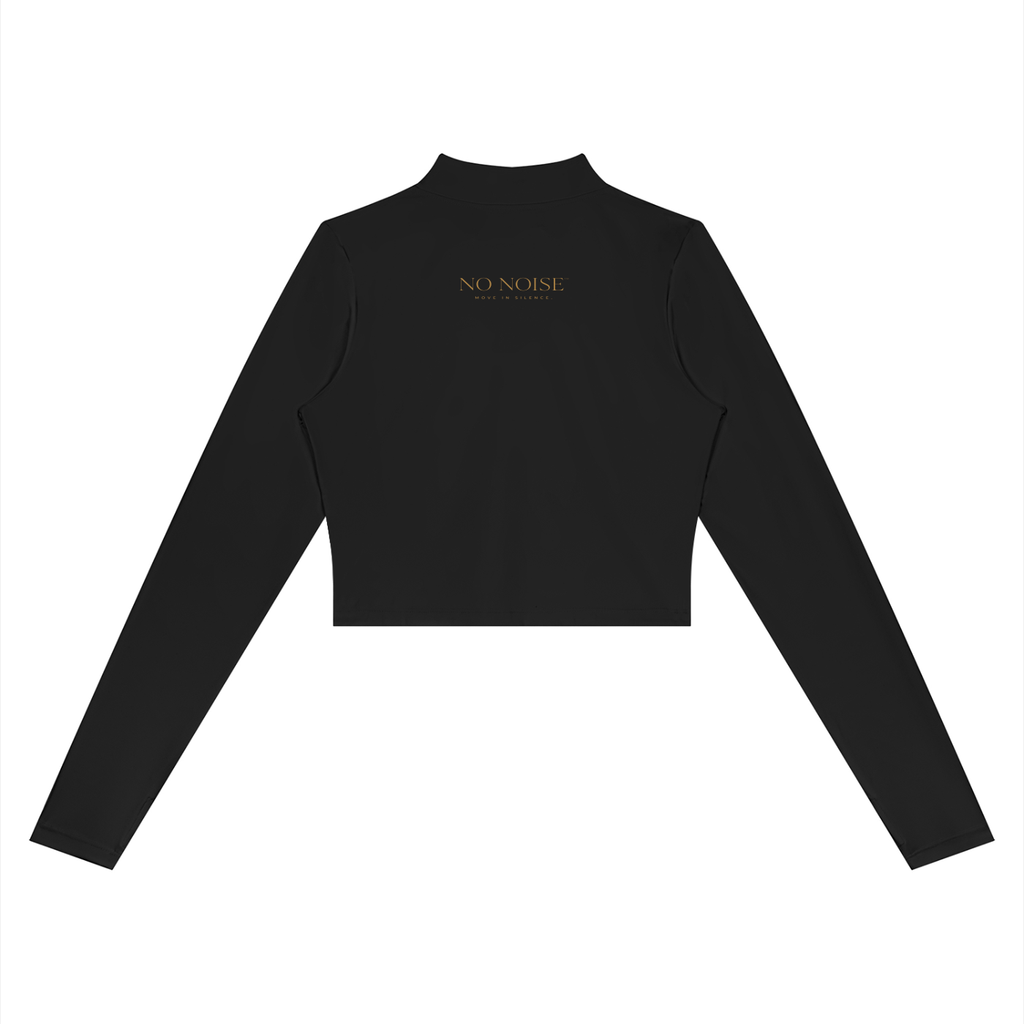 NO NOISE Form Cropped Jacket — Onyx, black, back view showing cropped hem and small gold lettering.
