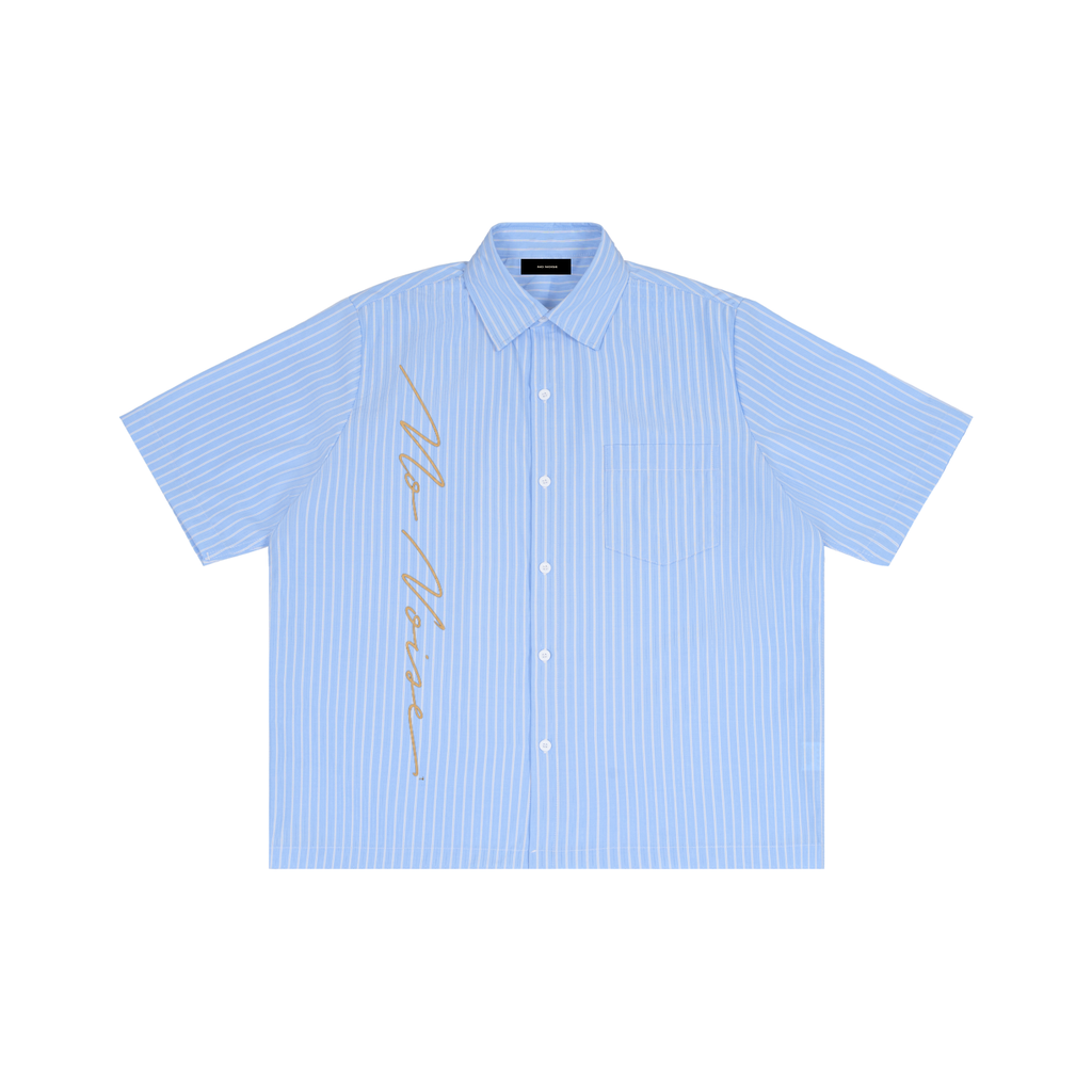 NO NOISE™ The Quiet Signature Stripe Shirt — Powder Blue, front view, boxy silhouette