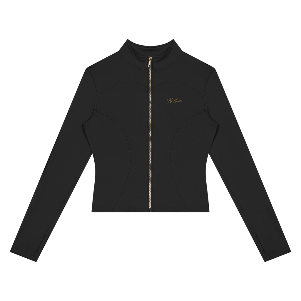 NO NOISE™ Black paneled zip jacket, front