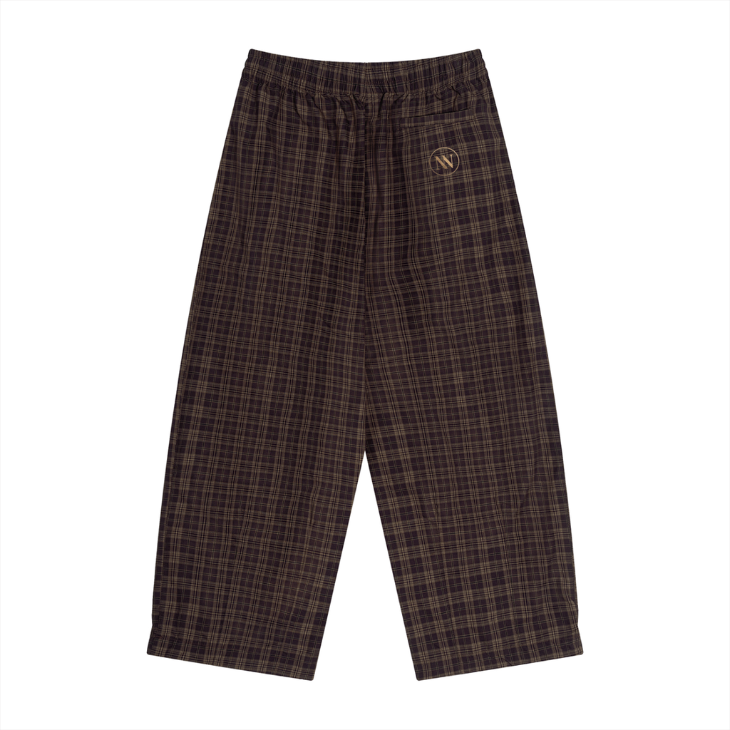Wide-leg plaid pants in Red Plaid, back view, showing the elastic waist and straight hems.
