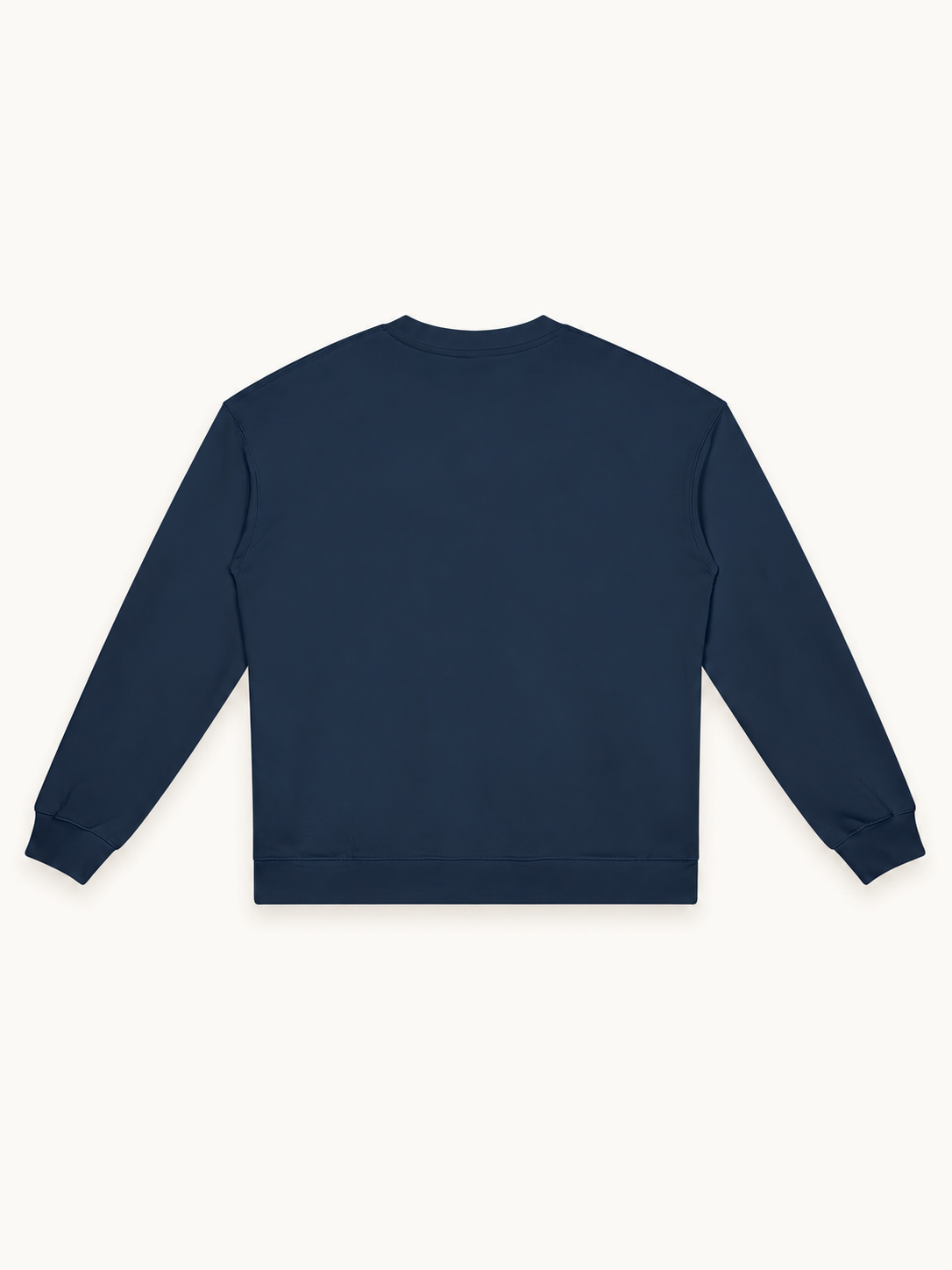 NO NOISE Collegiate Heavyweight Crewneck — Navy, back view showing plain navy fabric and ribbed hem.