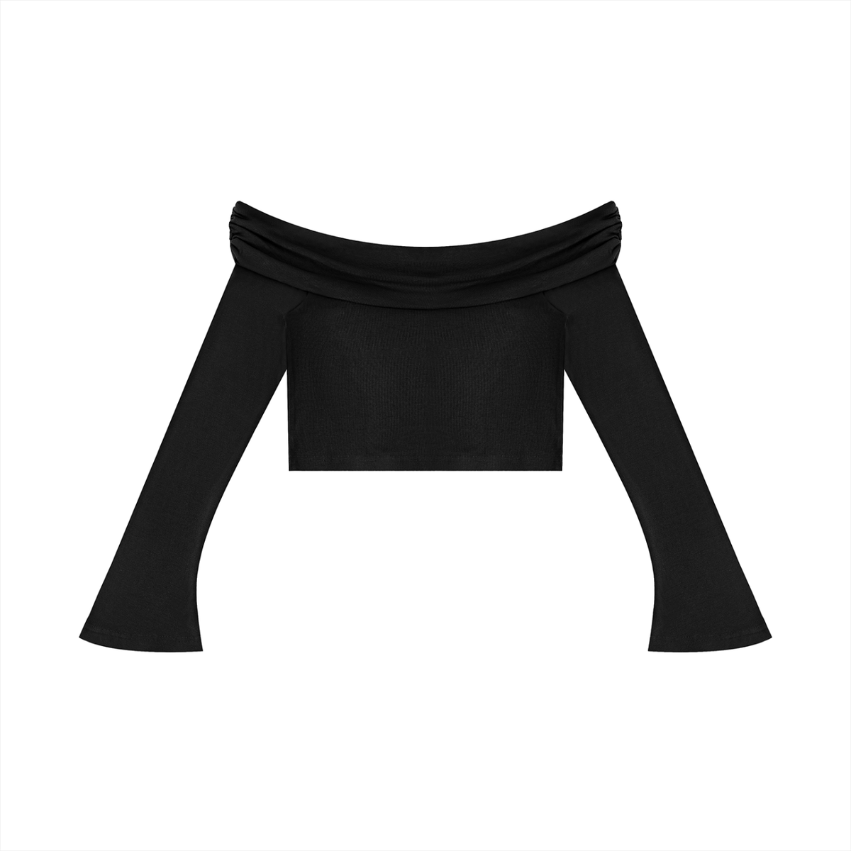 NO NOISE Off-Shoulder Bell-Sleeve Crop Top — Onyx, back flat view showing folded neckline and flared sleeves.