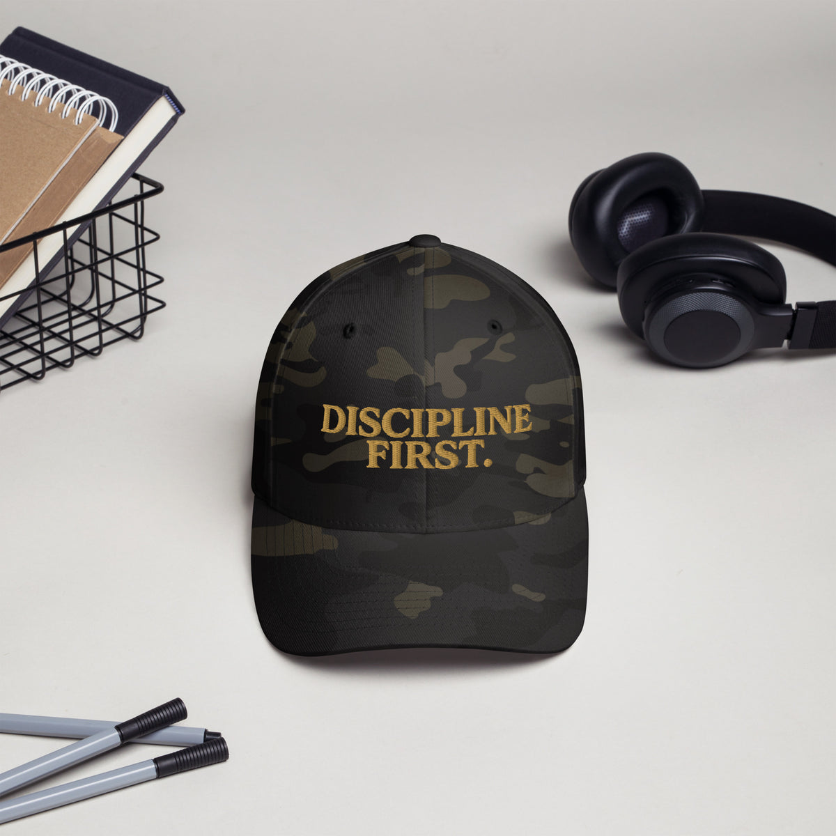 NO NOISE™ Discipline First multicam cap in black, front view, second angle.