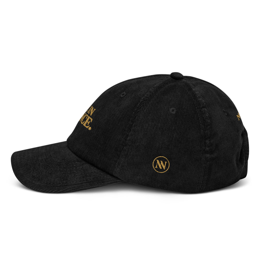 NO NOISE™ Move In Silence corduroy cap in black, left side view.