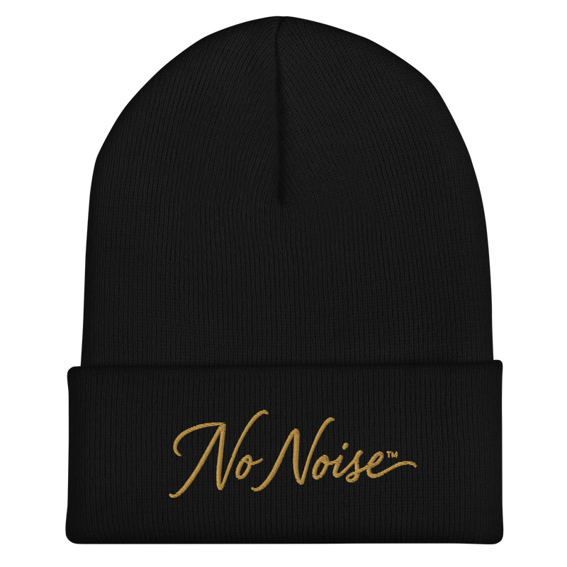 NO NOISE™ cuffed beanie in black, front view.
