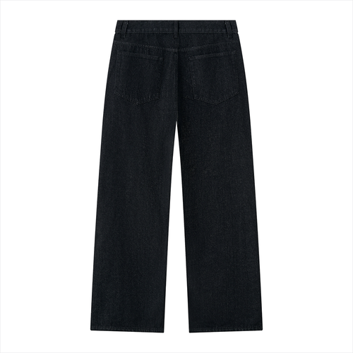 Black wide-leg denim jeans, back view with two patch pockets and straight hems
