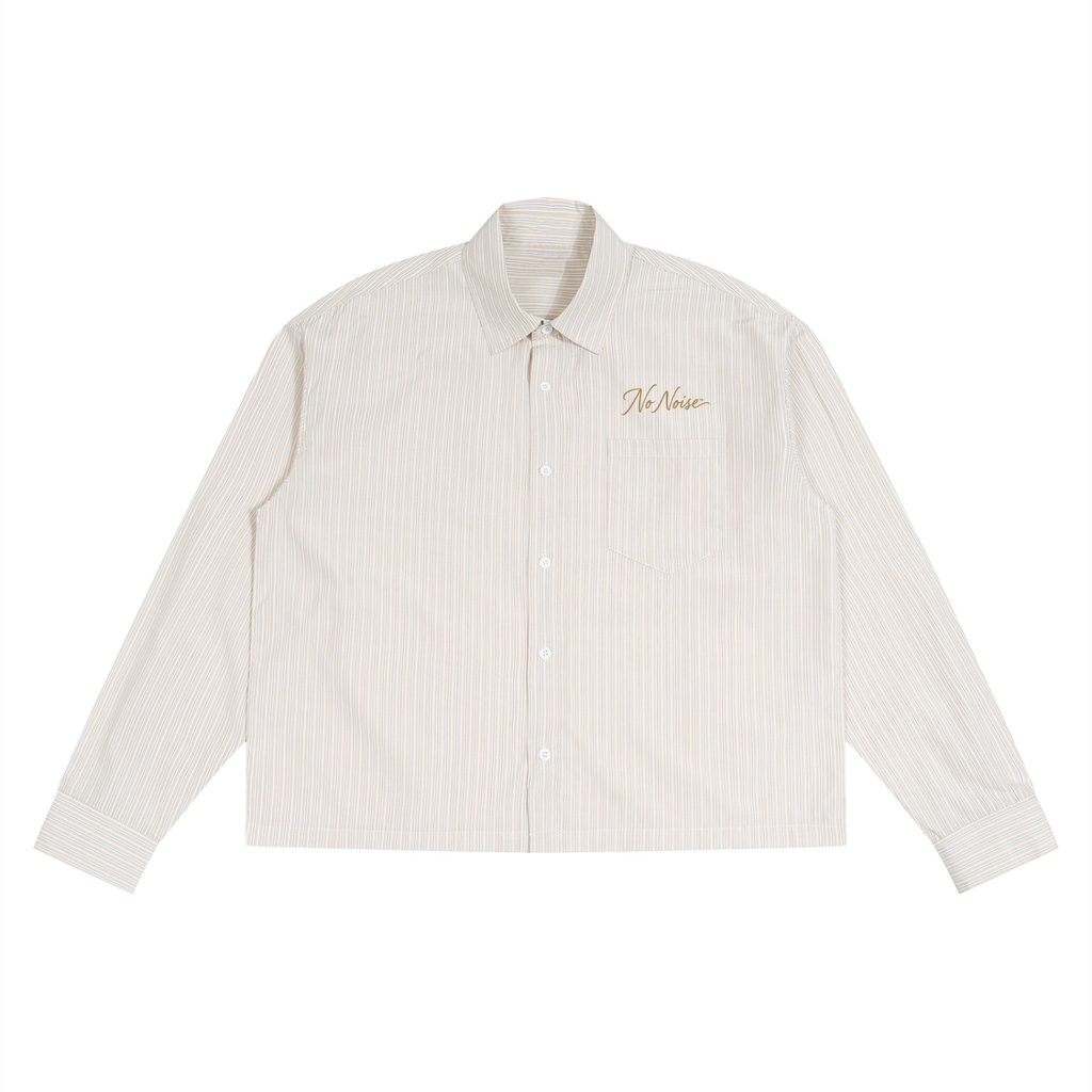 NO NOISE Sans Bruit Crown Shirt in light yellow stripes, front with gold script above the chest pocket.
