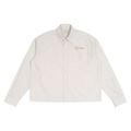 NO NOISE Sans Bruit Crown Shirt in light yellow stripes, front with gold script above the chest pocket.