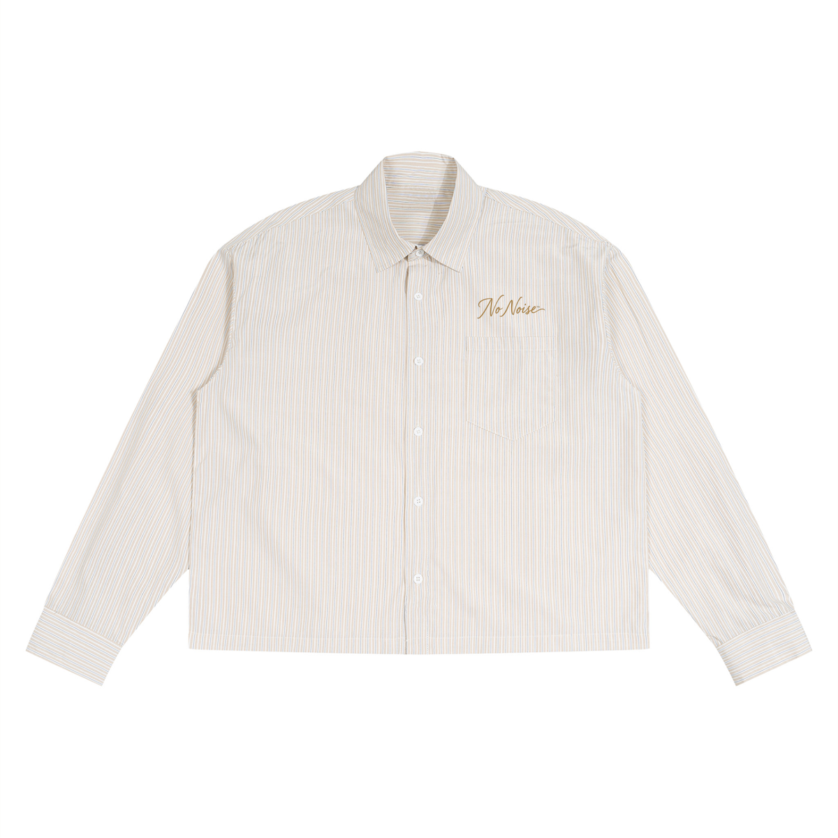 NO NOISE Sans Bruit Crown Shirt in light yellow stripes, front with gold script above the chest pocket.