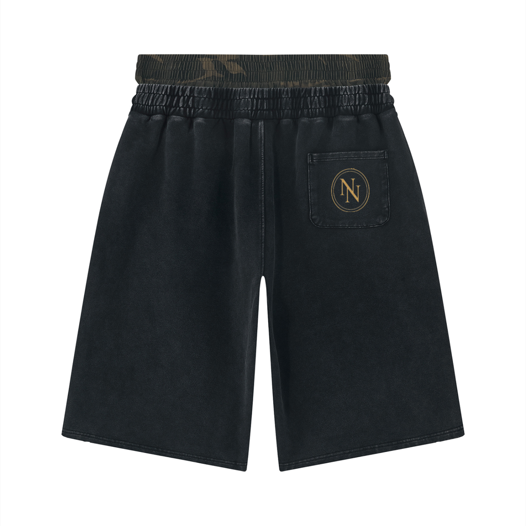 NO NOISE™ Vintage Wash Distressed Wide Leg Shorts — Khaki Camo