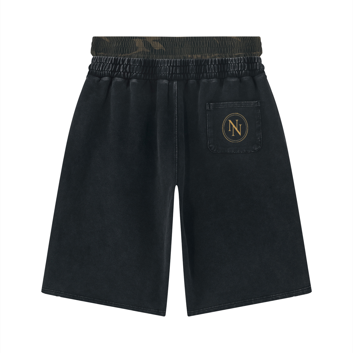 NO NOISE™ Vintage Wash Distressed Wide Leg Shorts — Khaki Camo