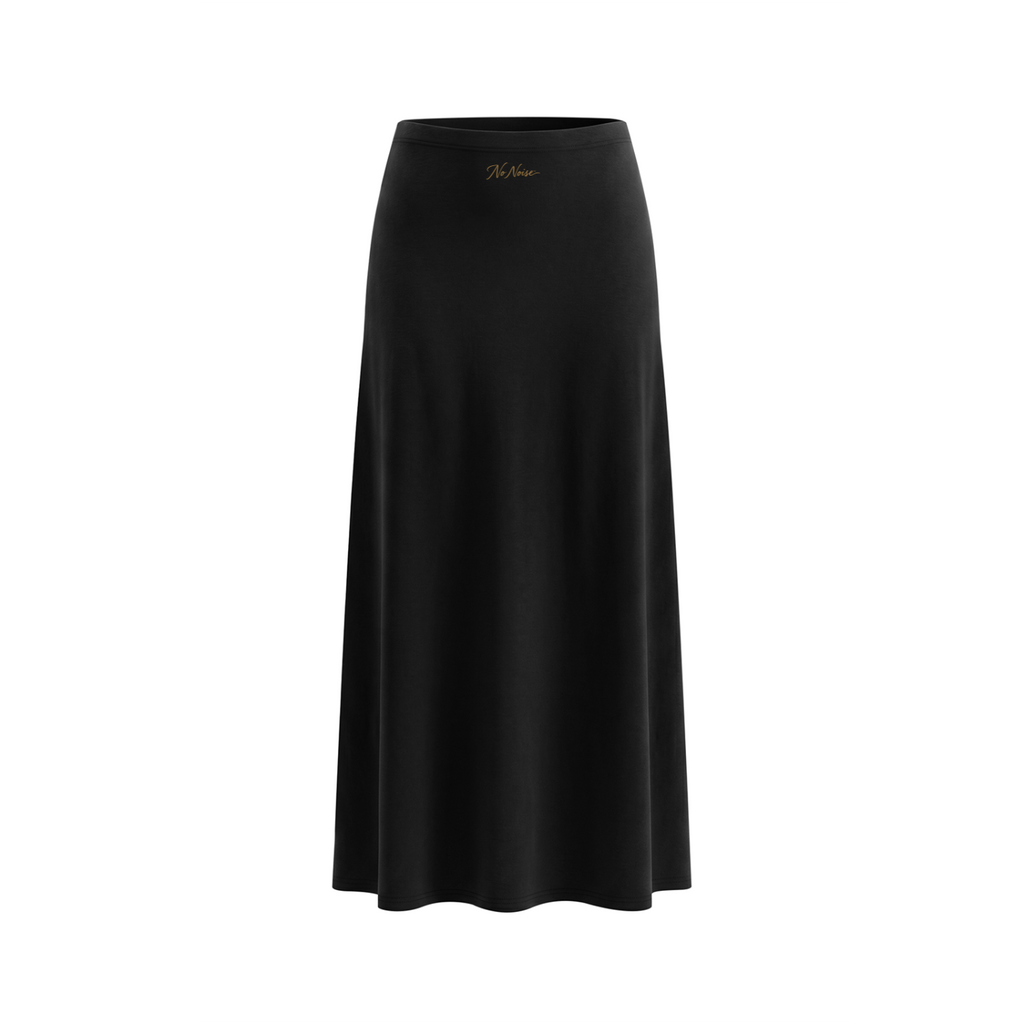 NO NOISE Knit Maxi Skirt — Onyx, black, front shaped view showing flowing maxi length and gold waistband script.