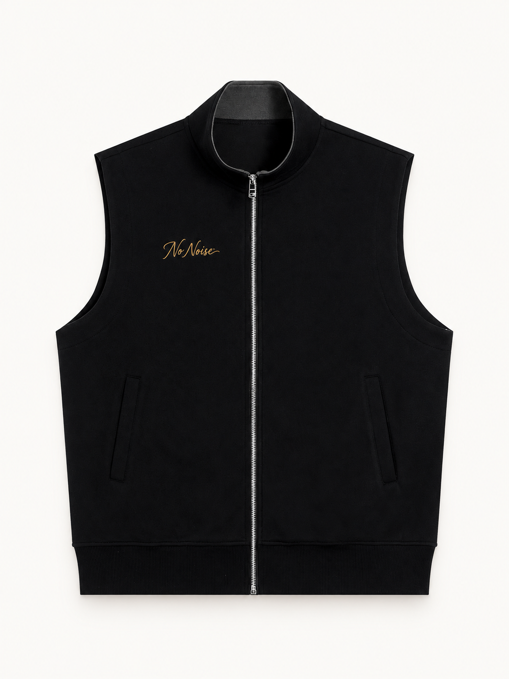 NO NOISE Essential Zip Vest — Charcoal, front view showing stand collar, zipper, pockets and gold chest script.