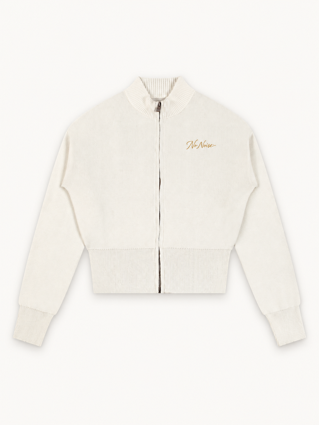 NO NOISE Mock-Neck Zip Cardigan — Cream, front view with antique-gold chest script and full zip.