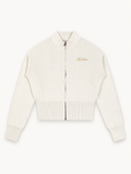 NO NOISE Mock-Neck Zip Cardigan — Cream, front view with antique-gold chest script and full zip.