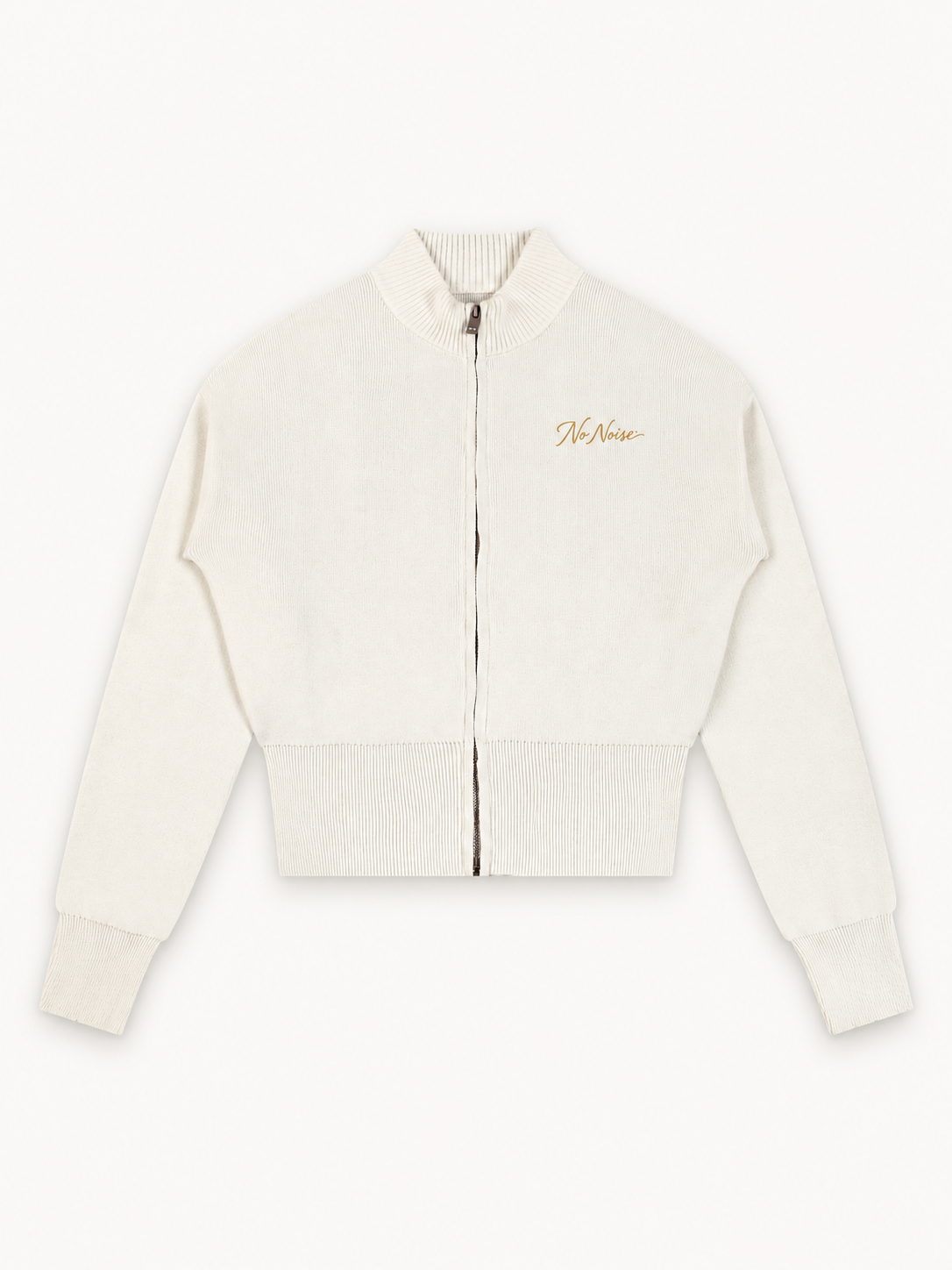 NO NOISE Mock-Neck Zip Cardigan — Cream, front view with antique-gold chest script and full zip.