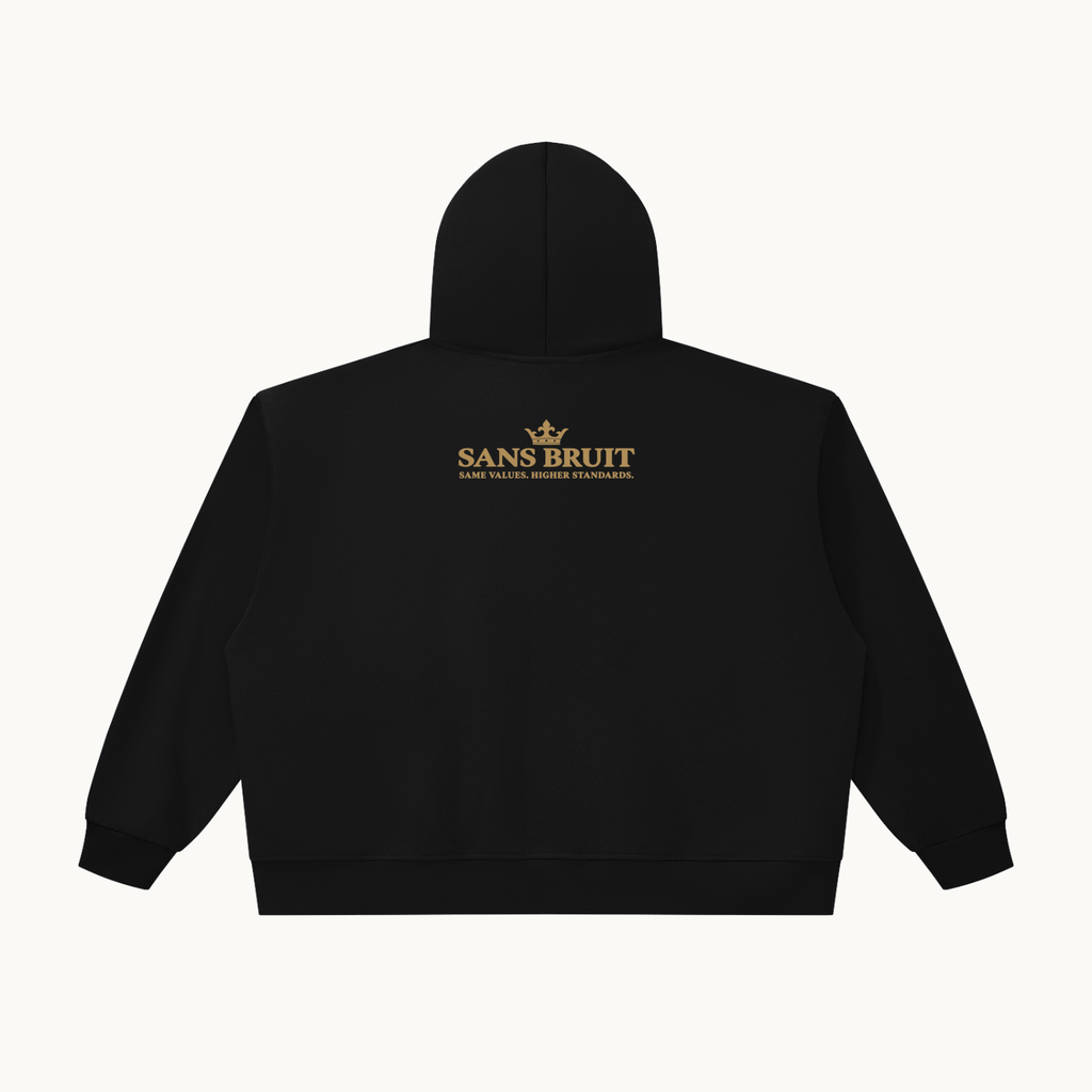 Quiet Form black chunky-zip hoodie, back view with gold Sans Bruit artwork