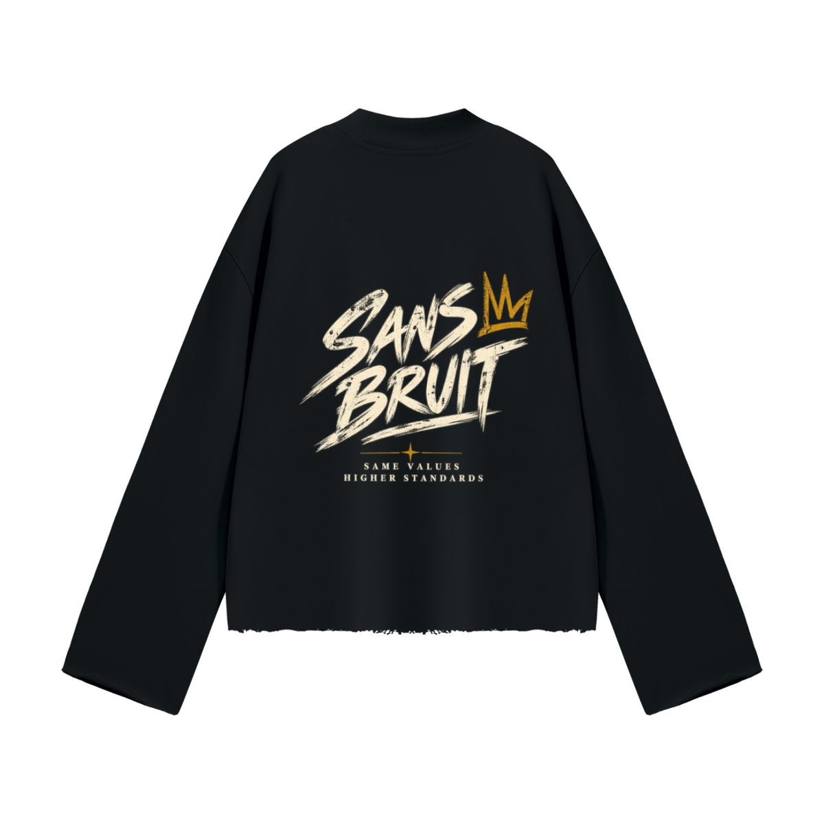 NO NOISE Signature Crew Mock Neck in Midnight black, back view with SANS BRUIT lettering and crown artwork.