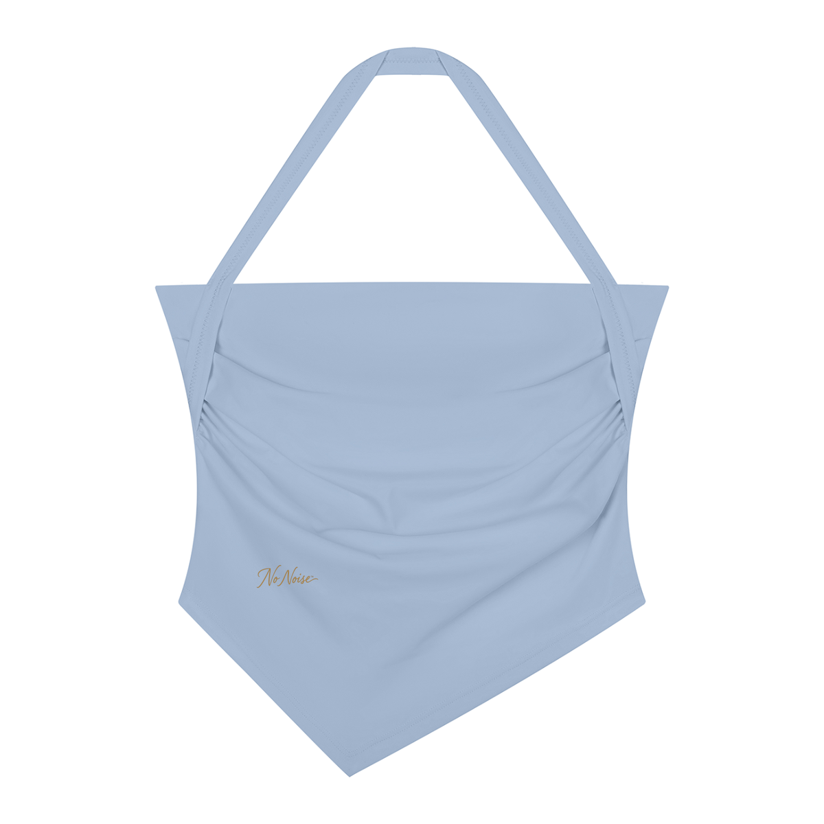 Haze Blue halter tank, front view, showing ruched detailing and the pointed hem pictured in the gallery.