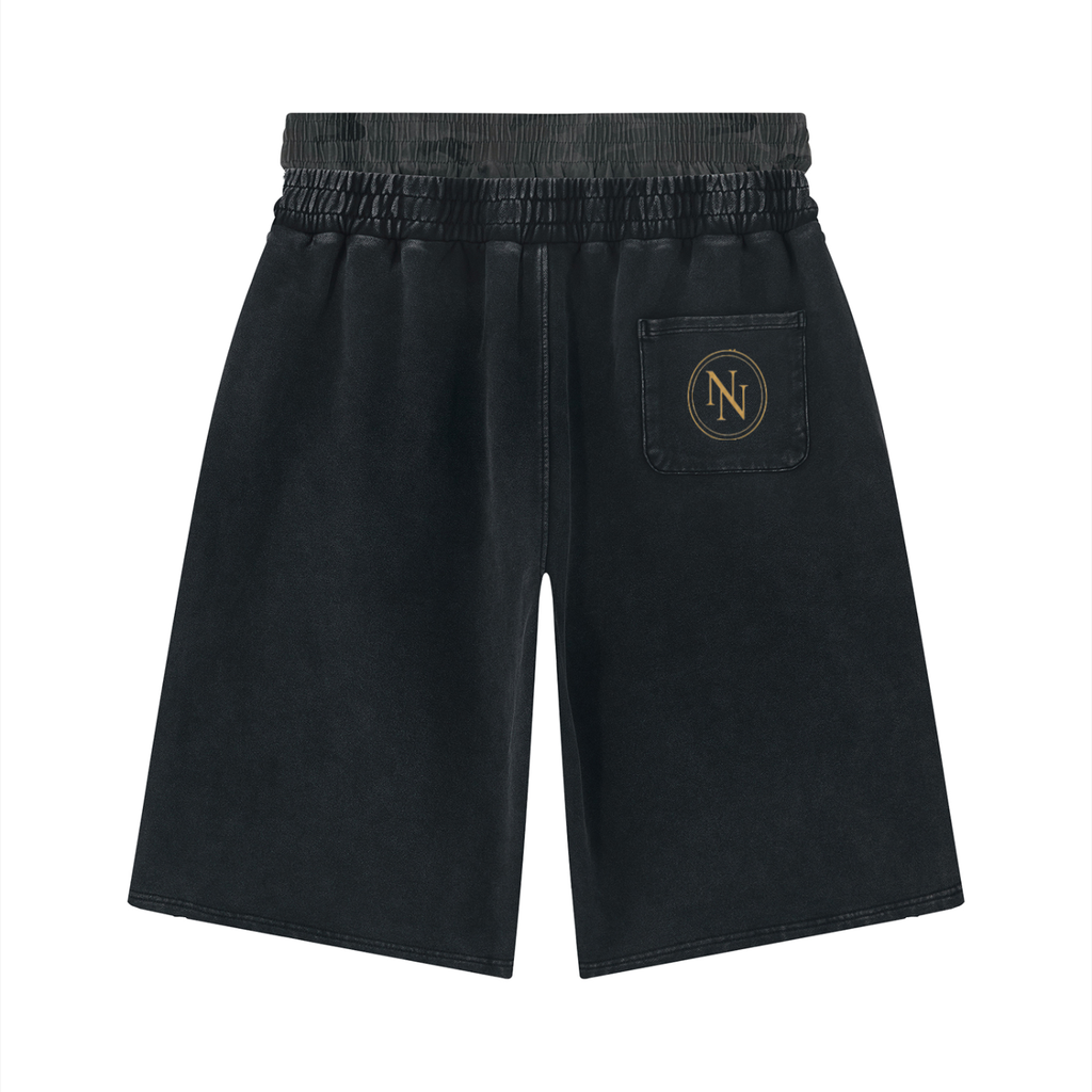 NO NOISE™ Vintage Wash Distressed Wide Leg Shorts — Gray Camo