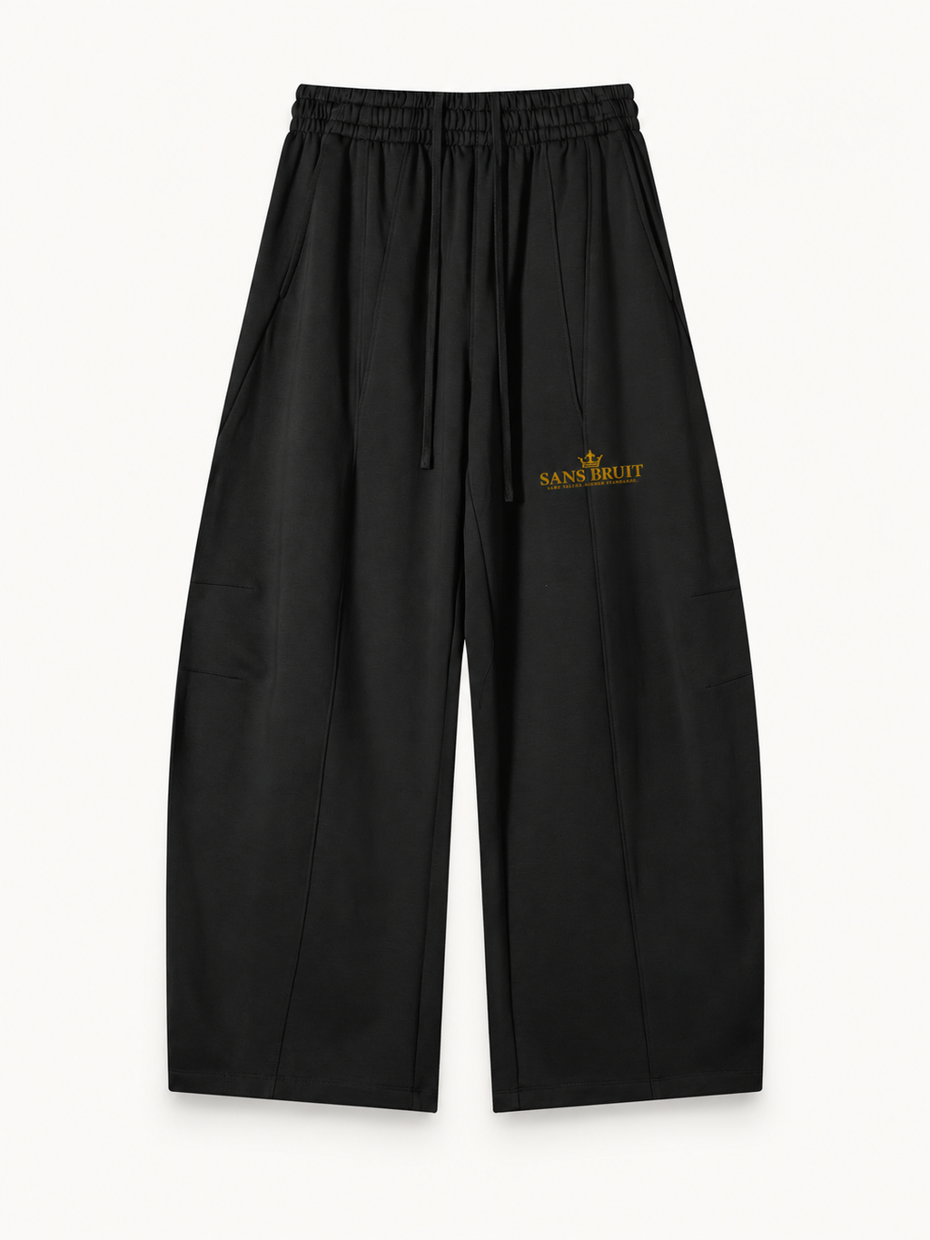 NO NOISE Quiet Standard Wide-Leg Sweatpant — Black, front view showing drawstring waist, wide legs and gold artwork.