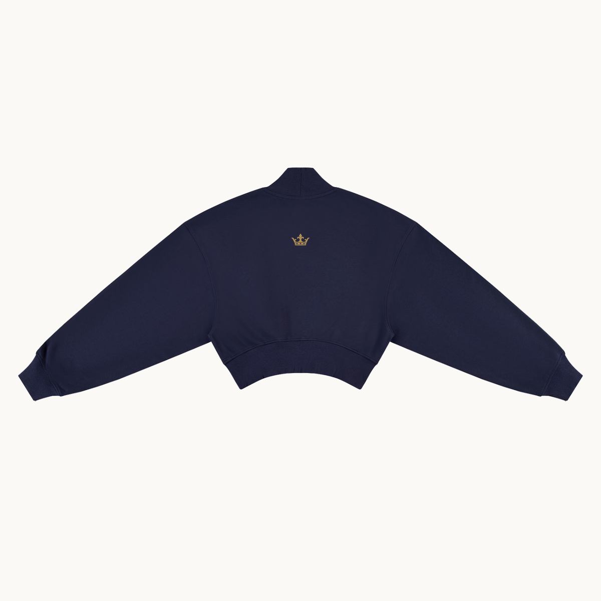 HER Collegiate cropped mock-neck sweatshirt in navy, back view with small crown