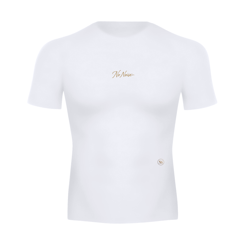 NO NOISE Essential Performance Short Sleeve, white, front view showing short sleeves and gold chest script.