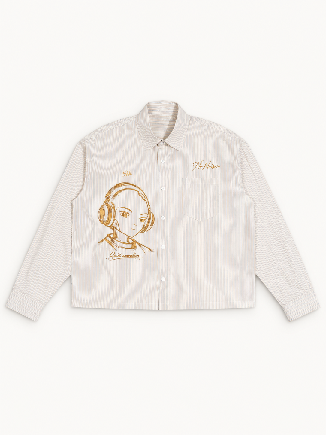 NO NOISE Quiet Conviction Unisex Boxy Striped Shirt — Apricot White, front view showing fine stripes, chest pocket and large gold portrait artwork.