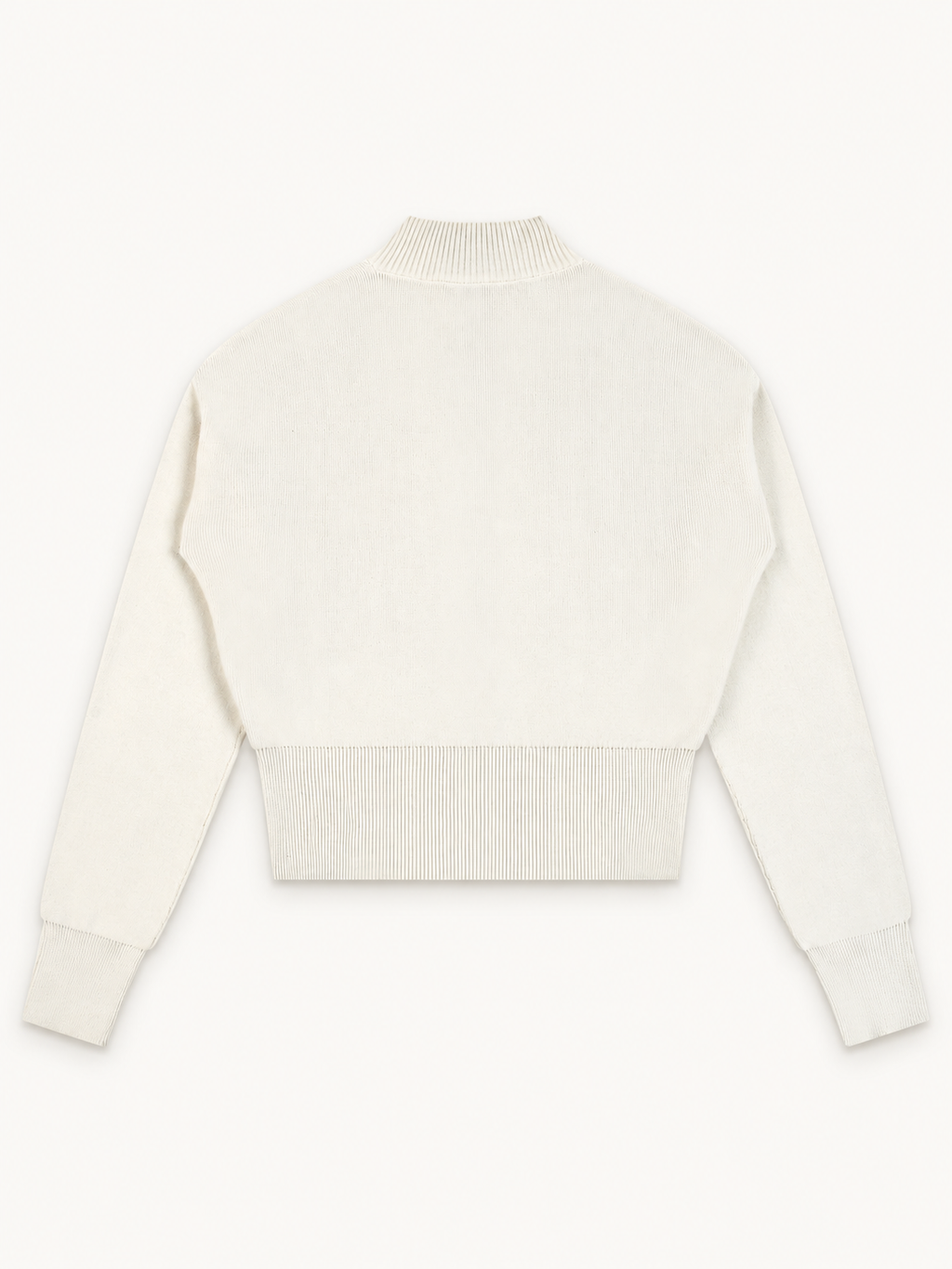 NO NOISE Mock-Neck Zip Cardigan — Cream, plain back view with dropped shoulders and ribbed hem.