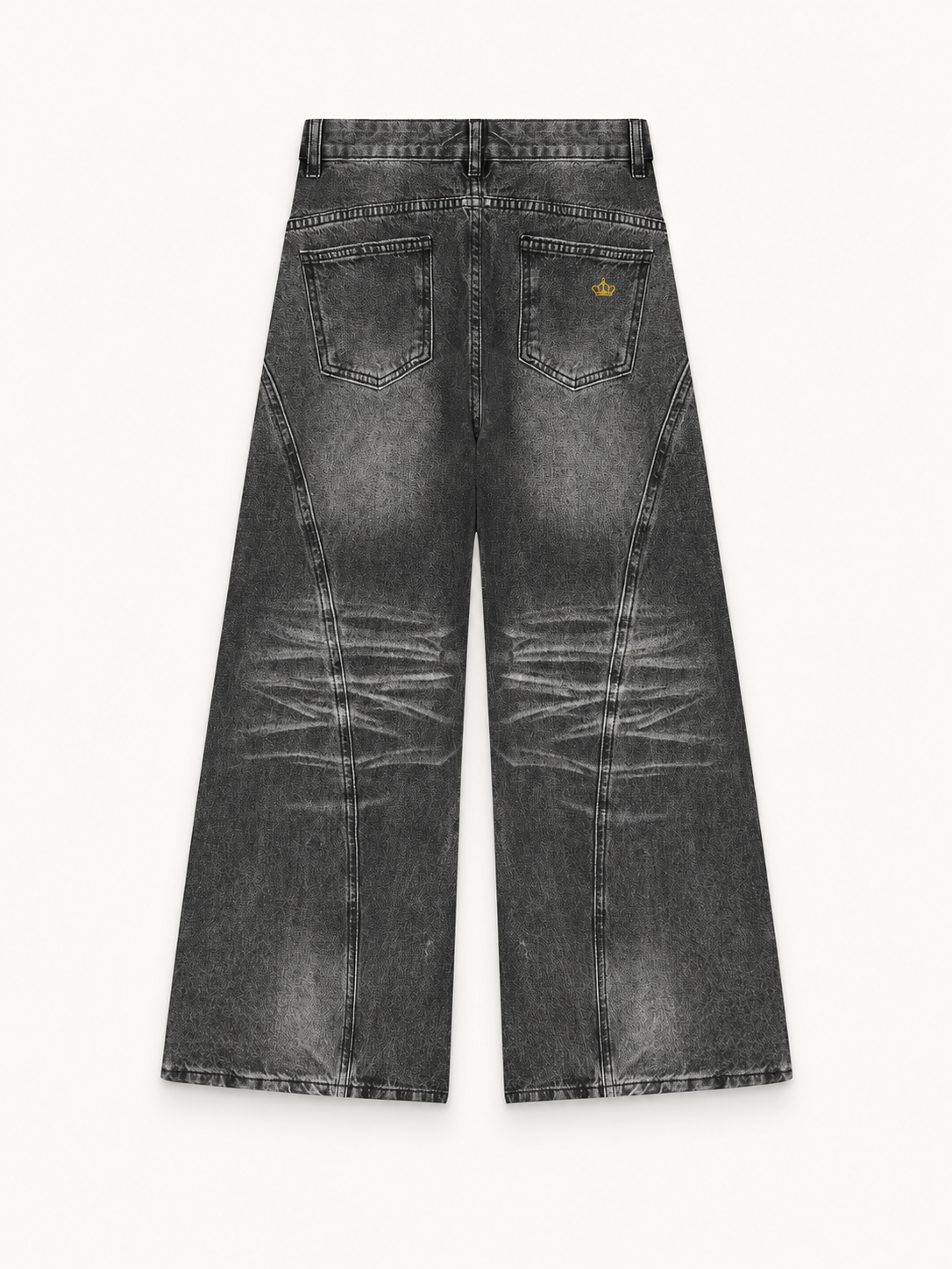 NO NOISE Sans Bruit Wide-Leg Jeans — Washed Black, back view showing two patch pockets and a small gold crown.