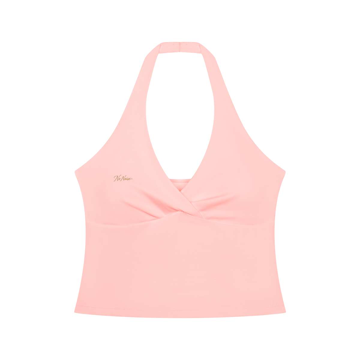 NO NOISE Muse Ruched Halter Top — Petal, pink, front view showing crossover neckline and gathered bust.
